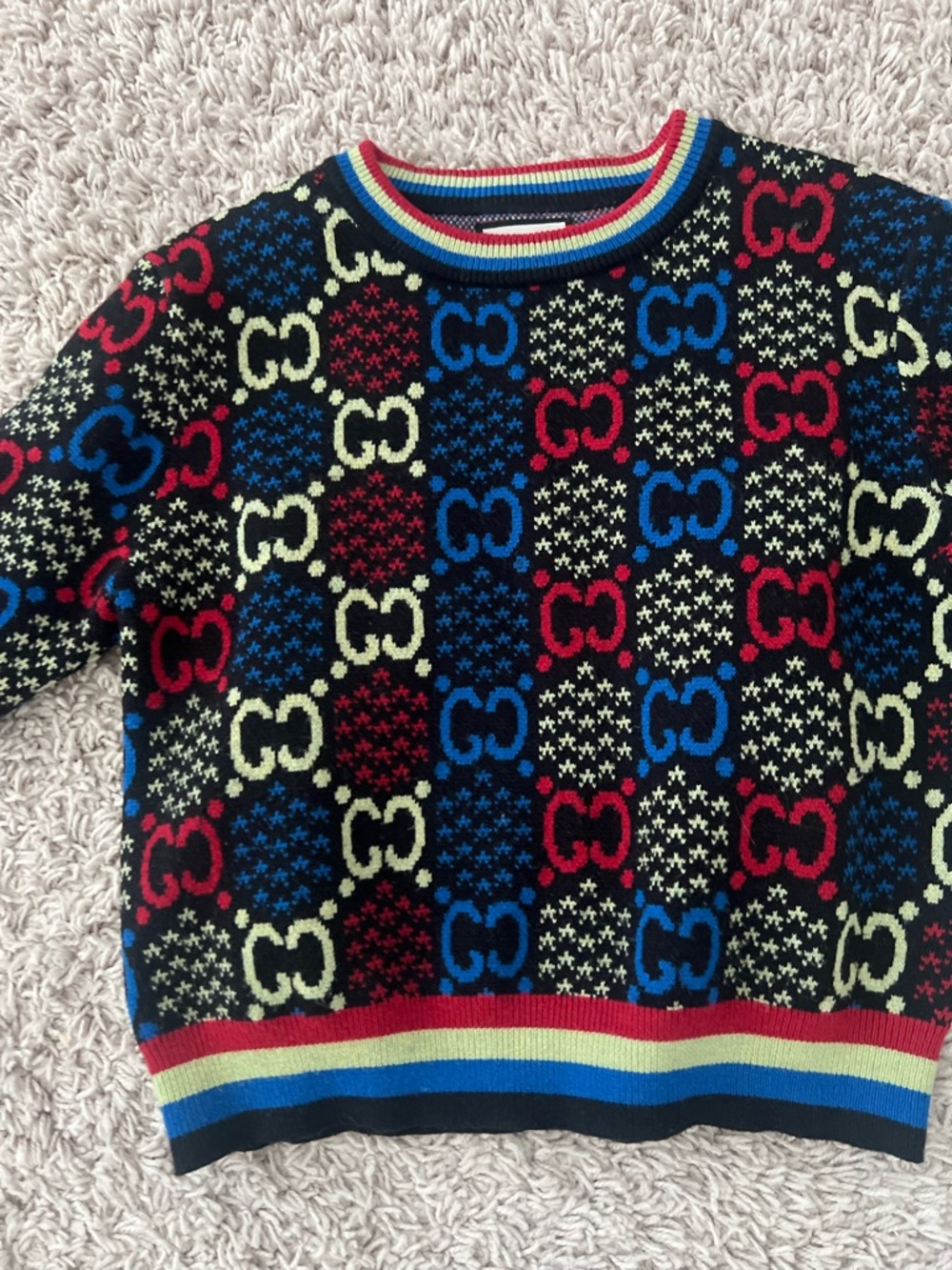 Gucci Multicolor Knit Sweater with Red, Blue, Cream, Black Accents